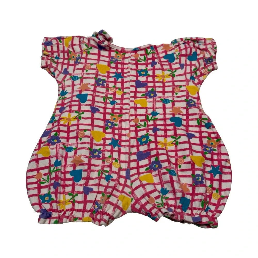 Vintage Day Sportswear Baby Pink Grid Heart‎ Floral Bubble Romper 24M 90s Cotton
